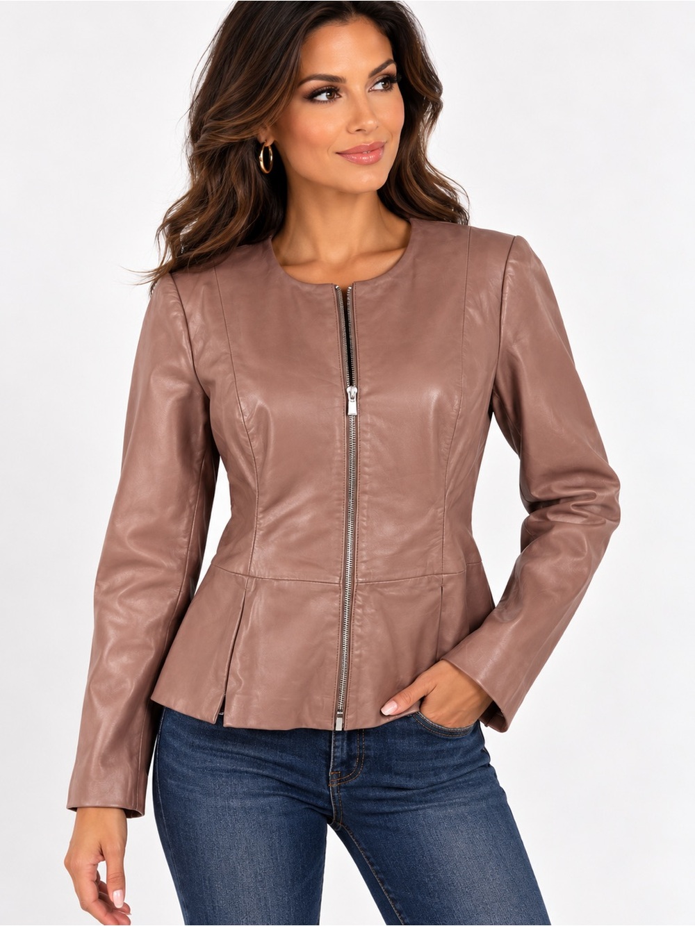 NWOT Badgley Mischka Lamb Leather Peplum Jacket in Rosewood